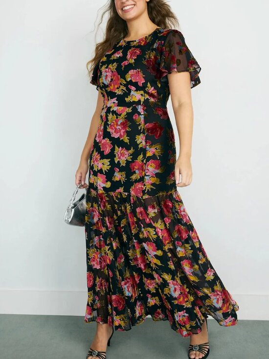 RIXO Dresses & Skirts - Rixo x RTR Velvet Floral Gown in Black & Red Formal Maxi Dress Short Sleeve 10